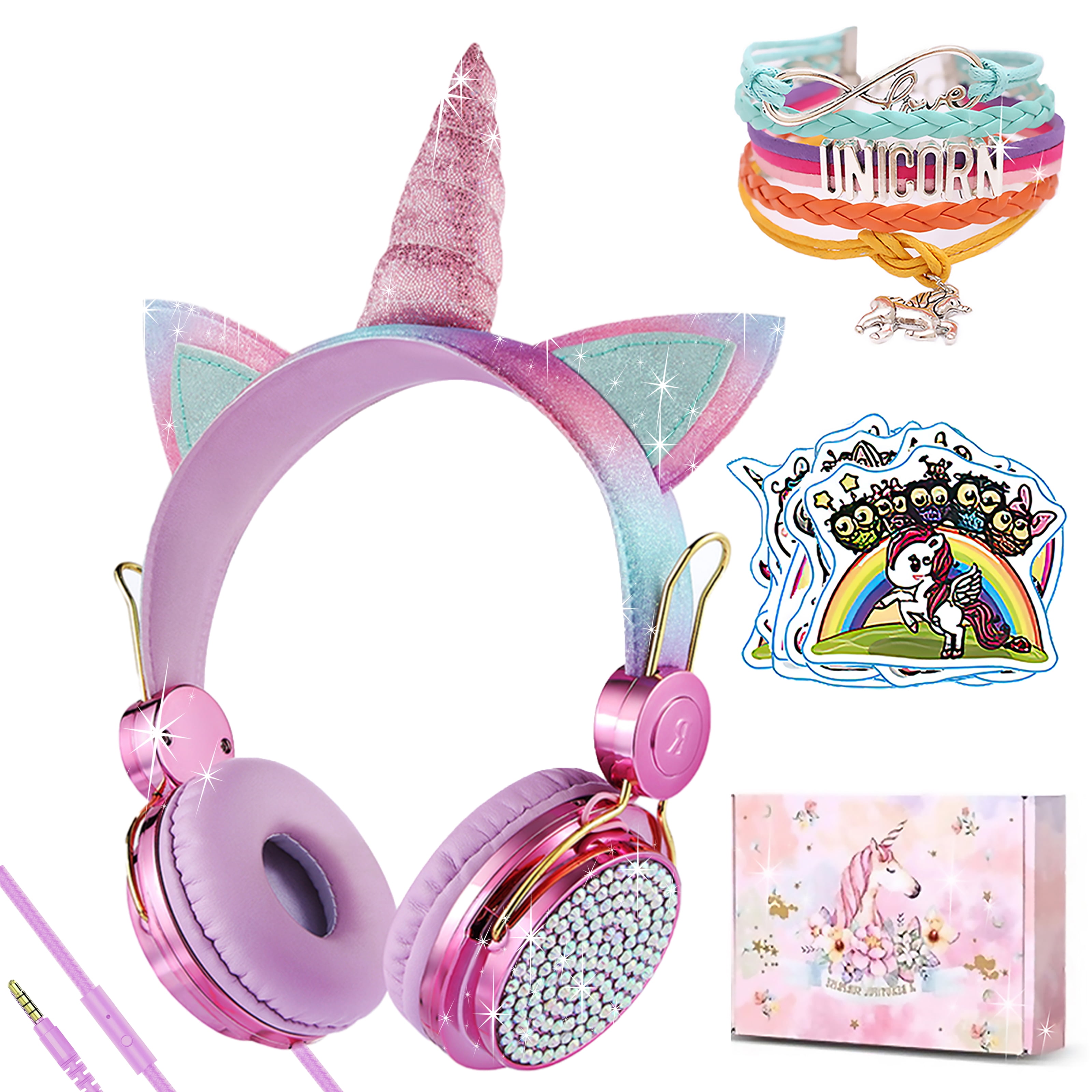 Pink-Unicorn Kids Headphones Unicorn Girls Headphones with Microphone for Children 85dB Glitter Cat Ear Wired Headphones for School Christmas Parties 