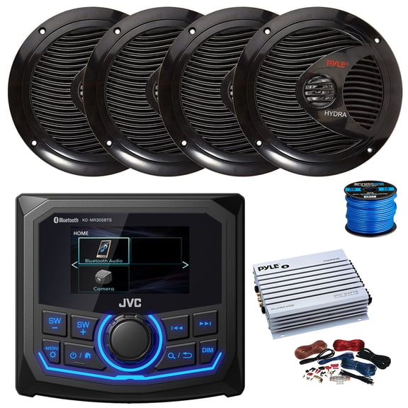 JVC KD-MR305BTS Marine 2.7" Bluetooth AM/FM/Weatherband Radio Receiver, 4-Channel Amplifier w/Install Kit, 4X 6.5" 150 Watt 2-Way Dual Cone Full Range Audio Speakers (Black) w/ Wire