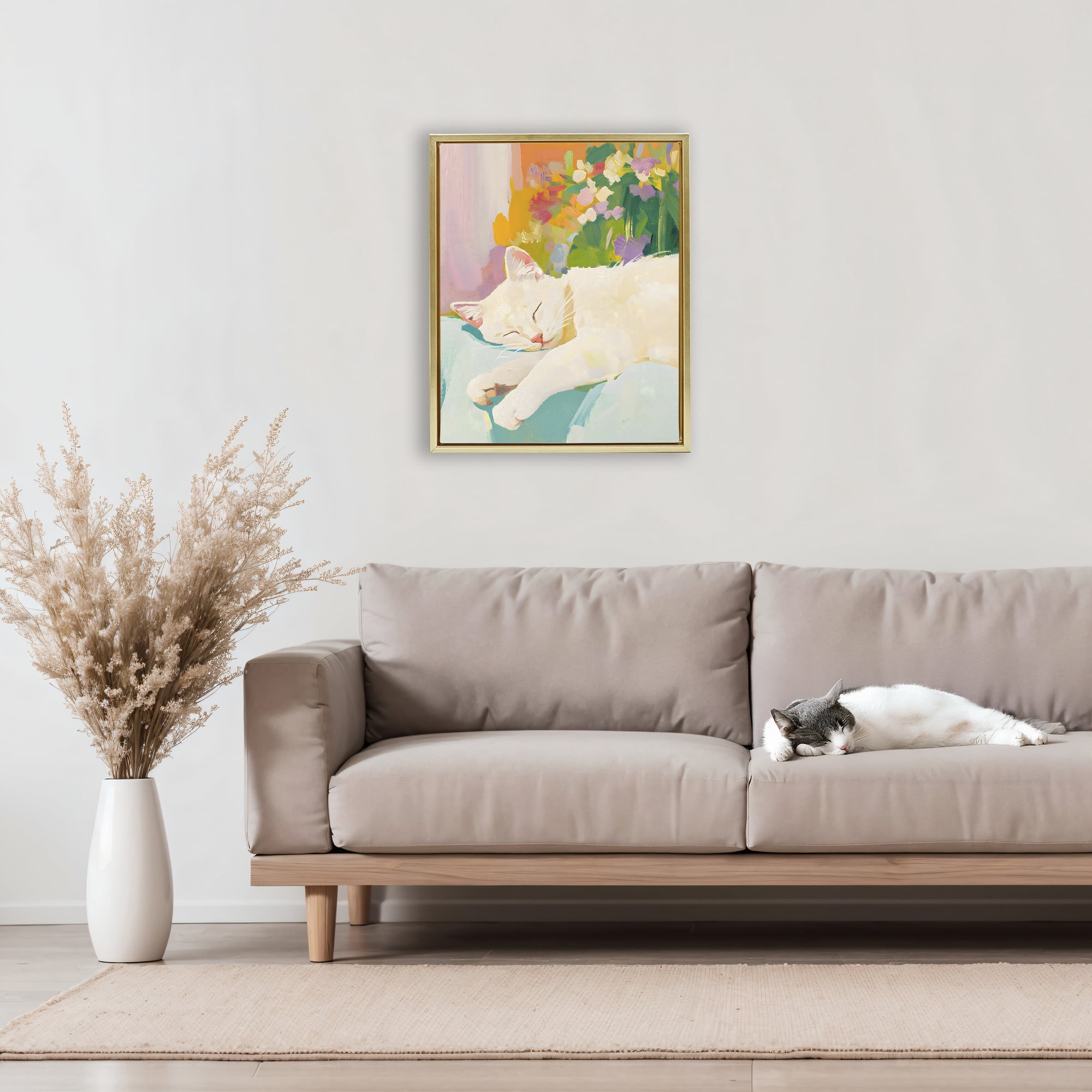 Stupell Industries Sleeping Cat with Flowers Gold Framed Floater Canvas Wall Art, design by The Prints Vibe