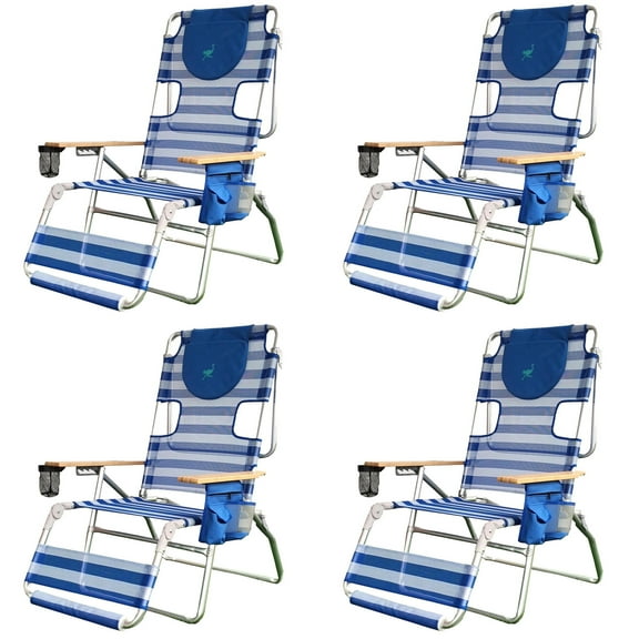 Ostrich 3-N-1 Altitude Outdoor Reclining Patio Beach Lounge Chair, Blue (4 Pack)