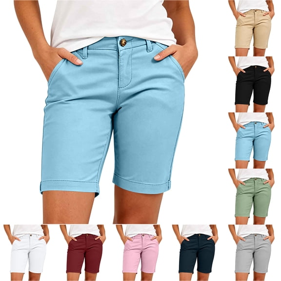 Bloomae Bermuda Shorts for Women Fashion Straight Leg Button Elastic High Waisted Chino Shorts with Pockets Summer Vacation Outdoor Hiking Short Pants
