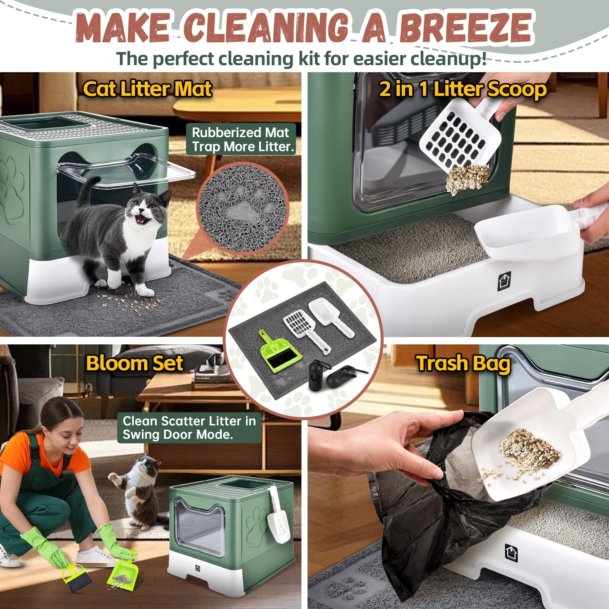 Enclosed Cat Litter Box with Lid Foldable Potty,Drawer Type Extra Large Cover Litter Box with Mat, Kitty Free in and Out/One-Way,Odor Control Anti-Splashing Easy Cleaning (Green)