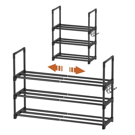 bgtrend 3-tier expandable shoe rack, adjustable metal shoe organizer shelf for closet hallway entryway, black