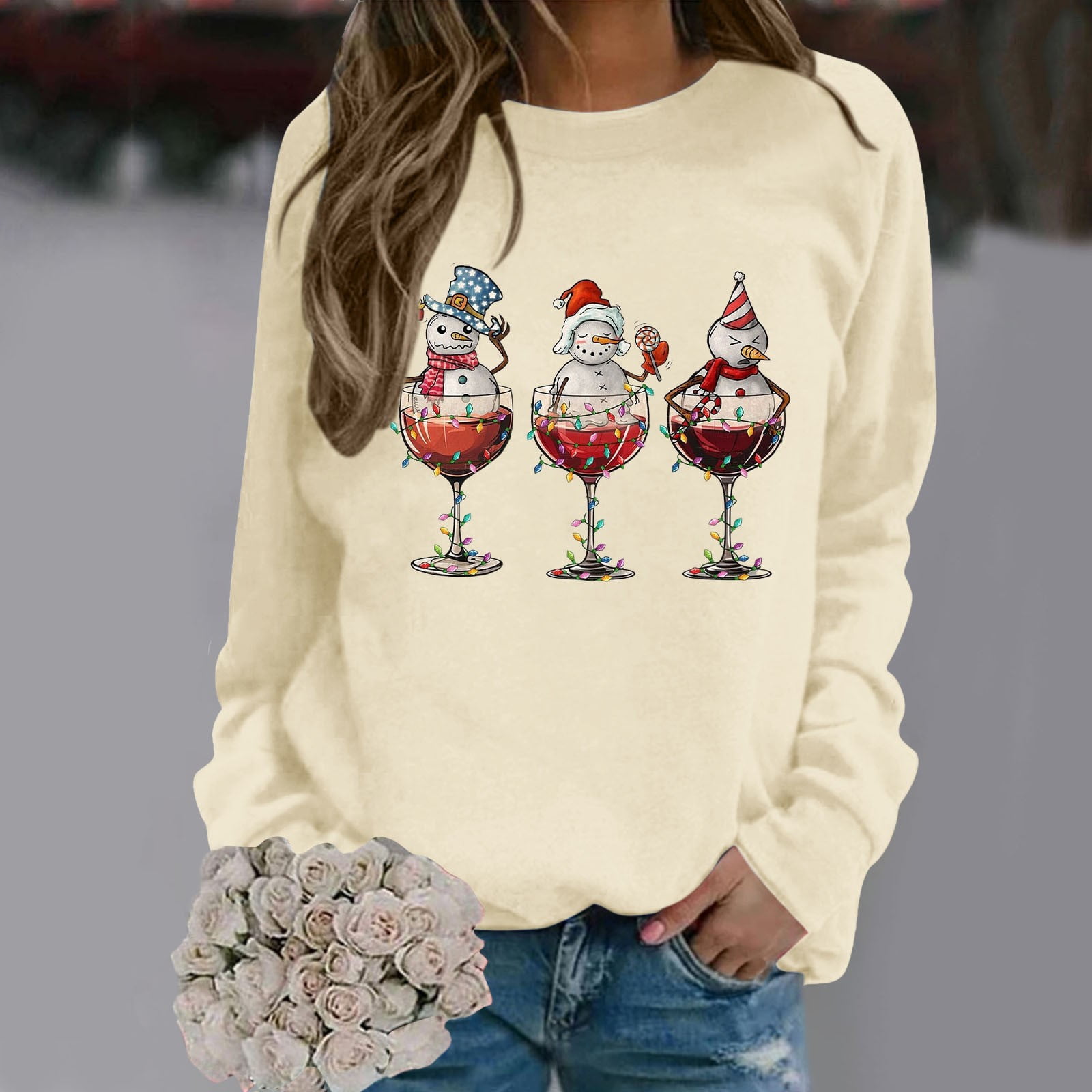 Women's Hoodless Sweatshirt Christmas Snowman Glass Print Winter