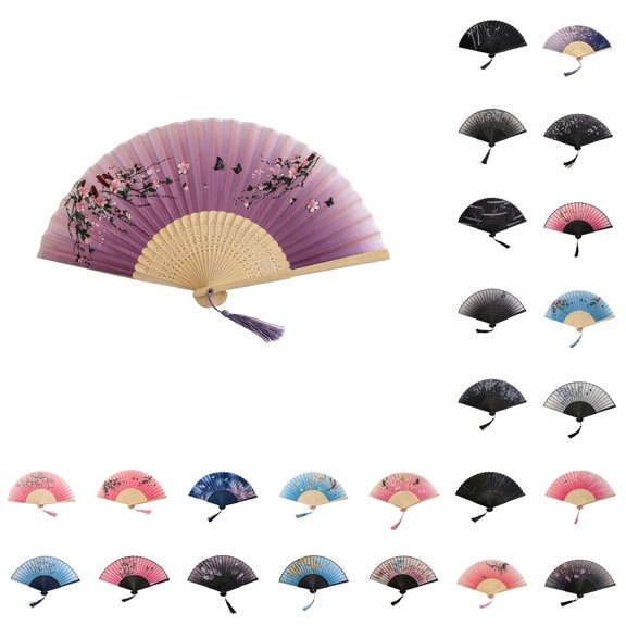 PEIBang Folding Hand Fan,Vintage Bamboo Silk Fan with Tassel for Dance,Performance,Wedding,Party Decoration