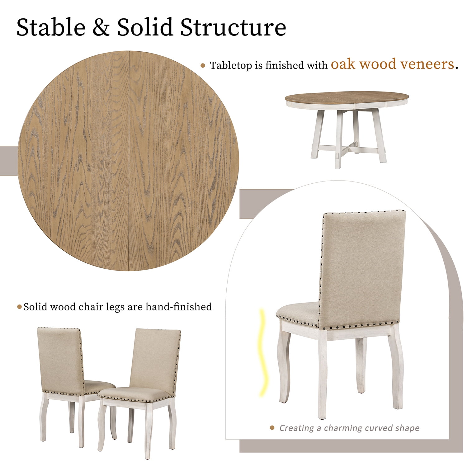 Harper & Bright Designs 5 Piece Farmhouse Dining Table Set Wood Round Extendable Dining Table and 4 Upholstered Dining Chairs, Oak Natural Wood + Antique White