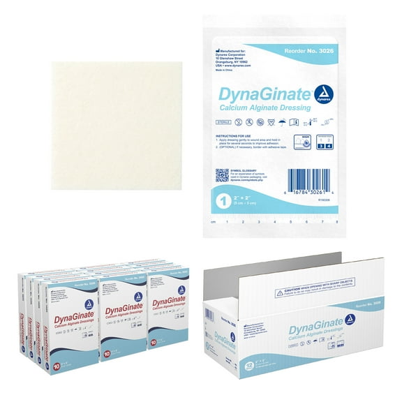 Dynarex DynaGinate Calcium Alginate Wound Dressing - Sterile, Non-Stick Topical Wound Pads - Absorbent Gel Patches For Moderate To High Exuding Cuts - 2" x 2", 1 Case of 120