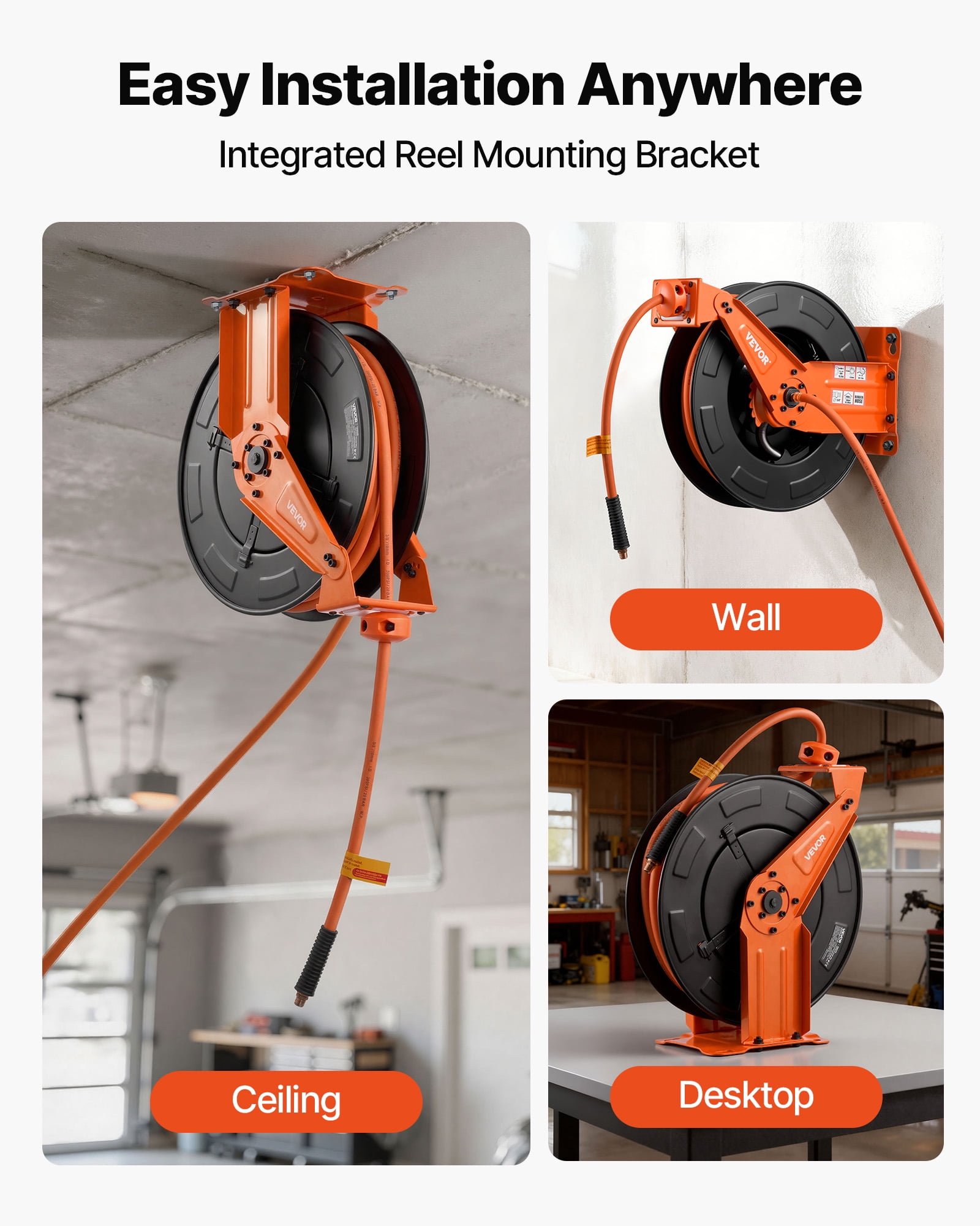 VEVOR Retractable Air Hose Reel, 3/8 Inch x 50 FT Rubber Air Hose Max 300PSI, Auto Rewind Air-Compressor Hoses Reel with 5 ft Lead in, Ceiling/Wall Mount Heavy Duty Steel Double Arm