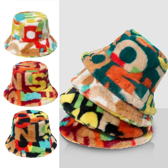 Cheers.US Colorful Letter Print Faux Fur Bucket Hat Warm Fuzzy Fluffy Winter Warmer Fisherman Cap Skin-friendly Unisex Warm Cap for Outdoor