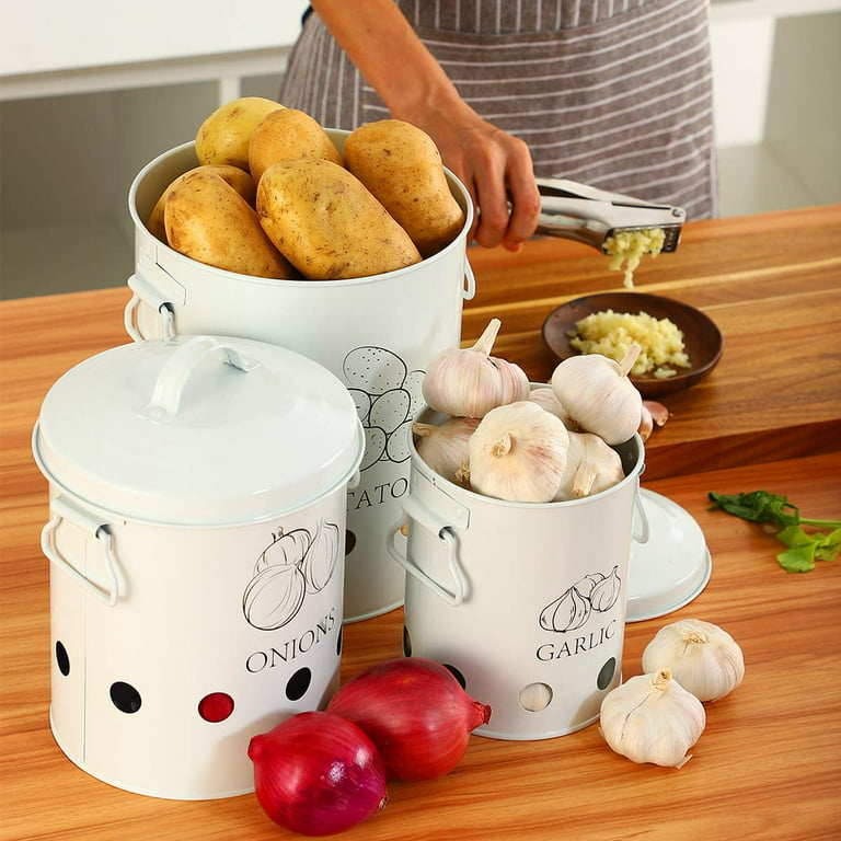 Houseables Potato Storage, Onion Bin, Garlic Container, 6x4, 10x9,  9x6, Set of 3, Metal, White, Vegetable Keeper, Potatoes Basket, Kitchen