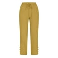 thumbnail image 5 of Charella Linen Pants for Women Straight Leg Elastic Waist Casual Solid Drawstring Trousers with Pockets (XL, Yellow 1), 5 of 5