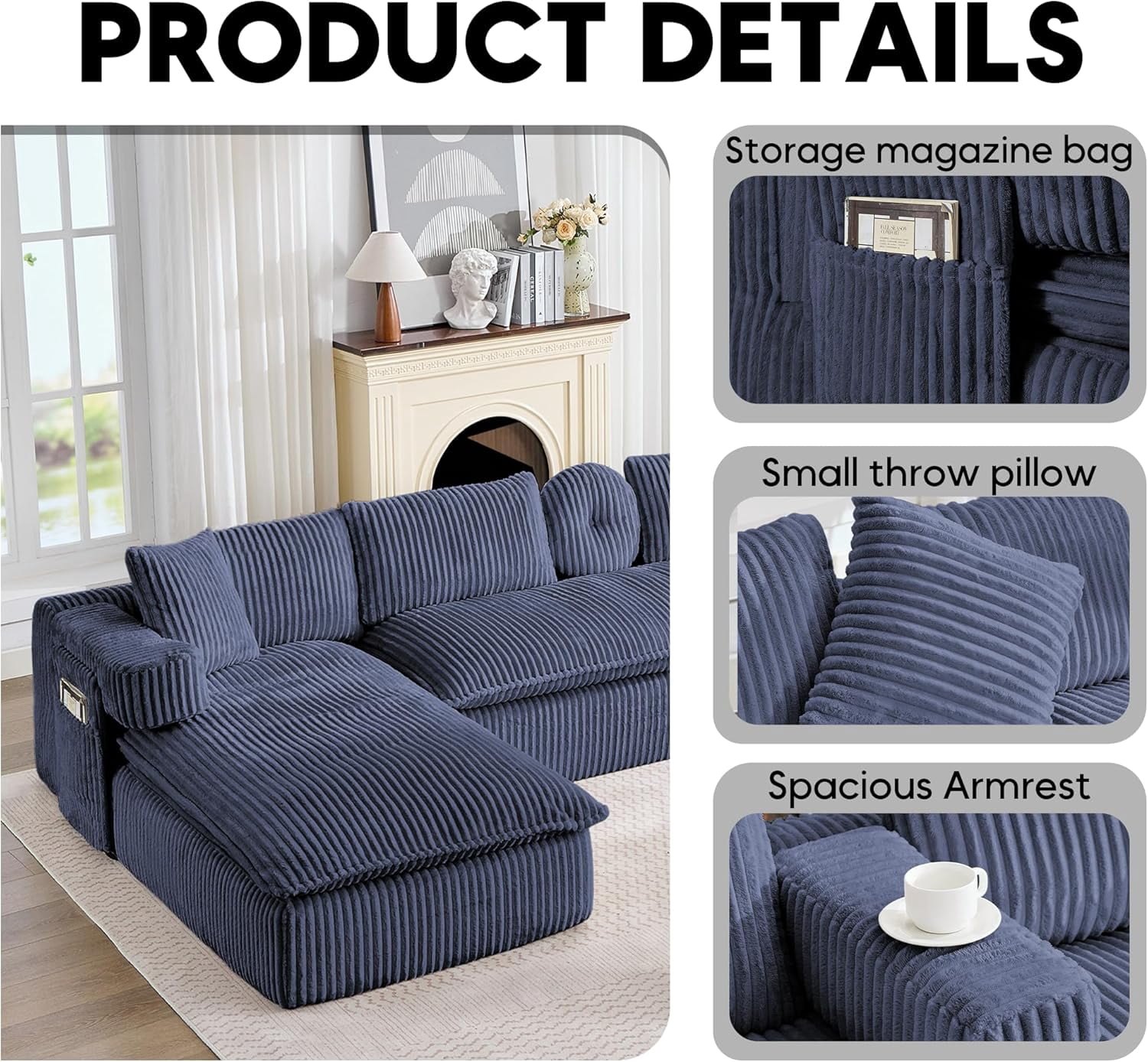 Howcool 149"W Oversized Modular Sectional Sofa,7-in-1 Corduroy U Shaped Sofa Couch with Double Chaise Lounge,Convertible Sleeper Sofa Bed,Deep Seat Cloud Couch for Living Room,Blue