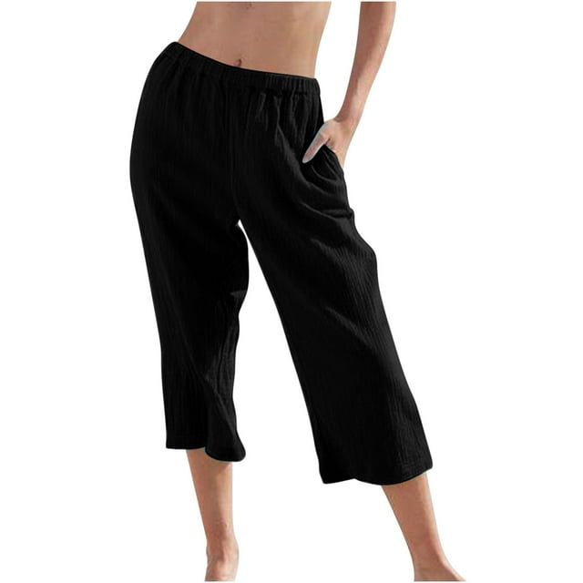 Timegard Womens Capri Pants Wide Leg Elastic Waisted Solid Color Lounge Pants with Pockets Crop Pants