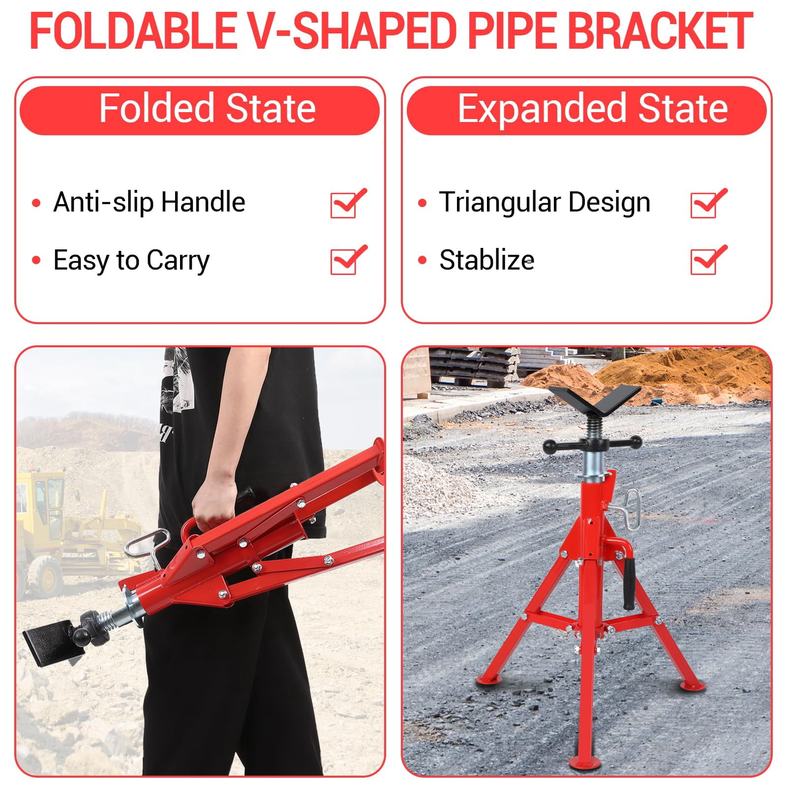Heavy-Duty Pipe Stand, Adjustable Folding v-Head Pipe Jack Stand | 2500 Lbs Load Capacity |Suitable for 1/2“ to 12” Pipes 28“ to 52” | Ideal for Welding, Automotive, and Construction Projects