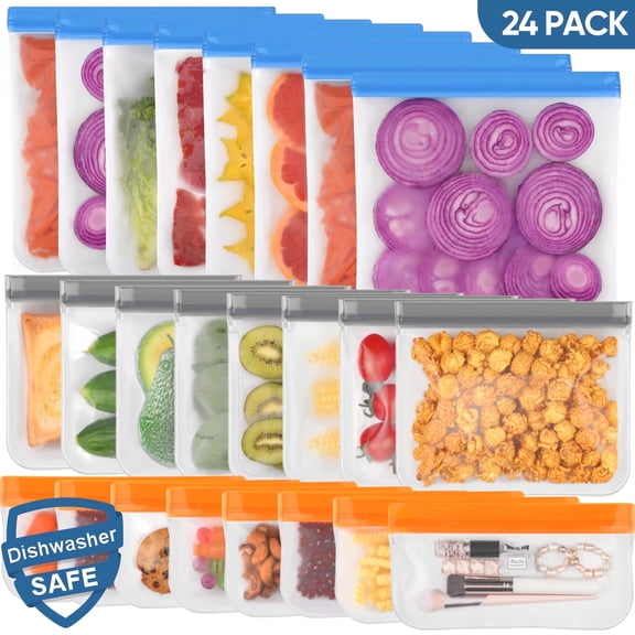 Lerine 24 Pack Dishwasher Safe Reusable Bags Slicone, Leakproof Reusable Food Storage Bags,Reusable Freezer Bags
