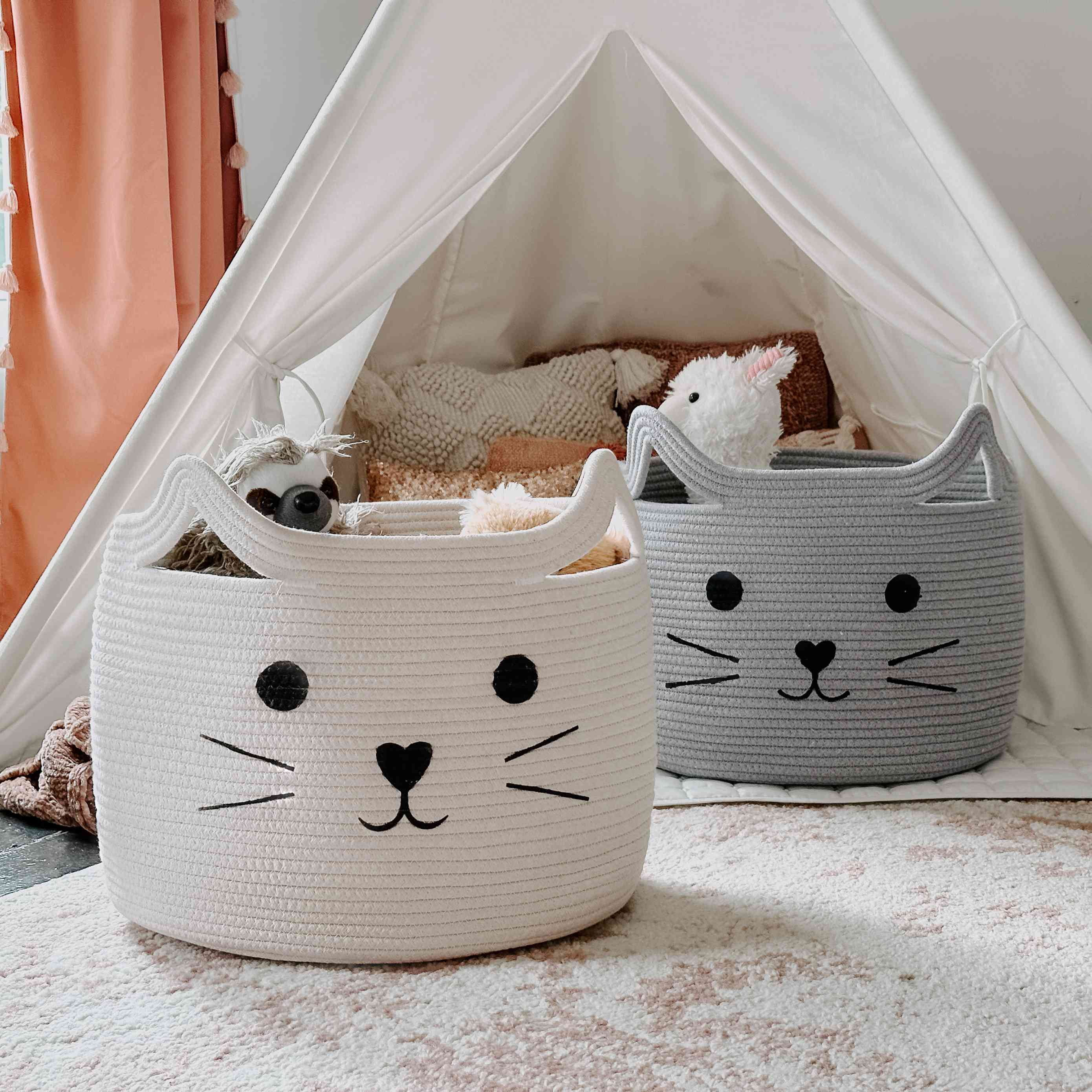 Timeyard Animal Baskets Large Woven Cotton Rope Storage with Cute Cat Design Laundry Organizer for Towels, Blanket, Toys, Clothes, Gifts – Cat Toy Box Pet or Baby Gift Baskets
