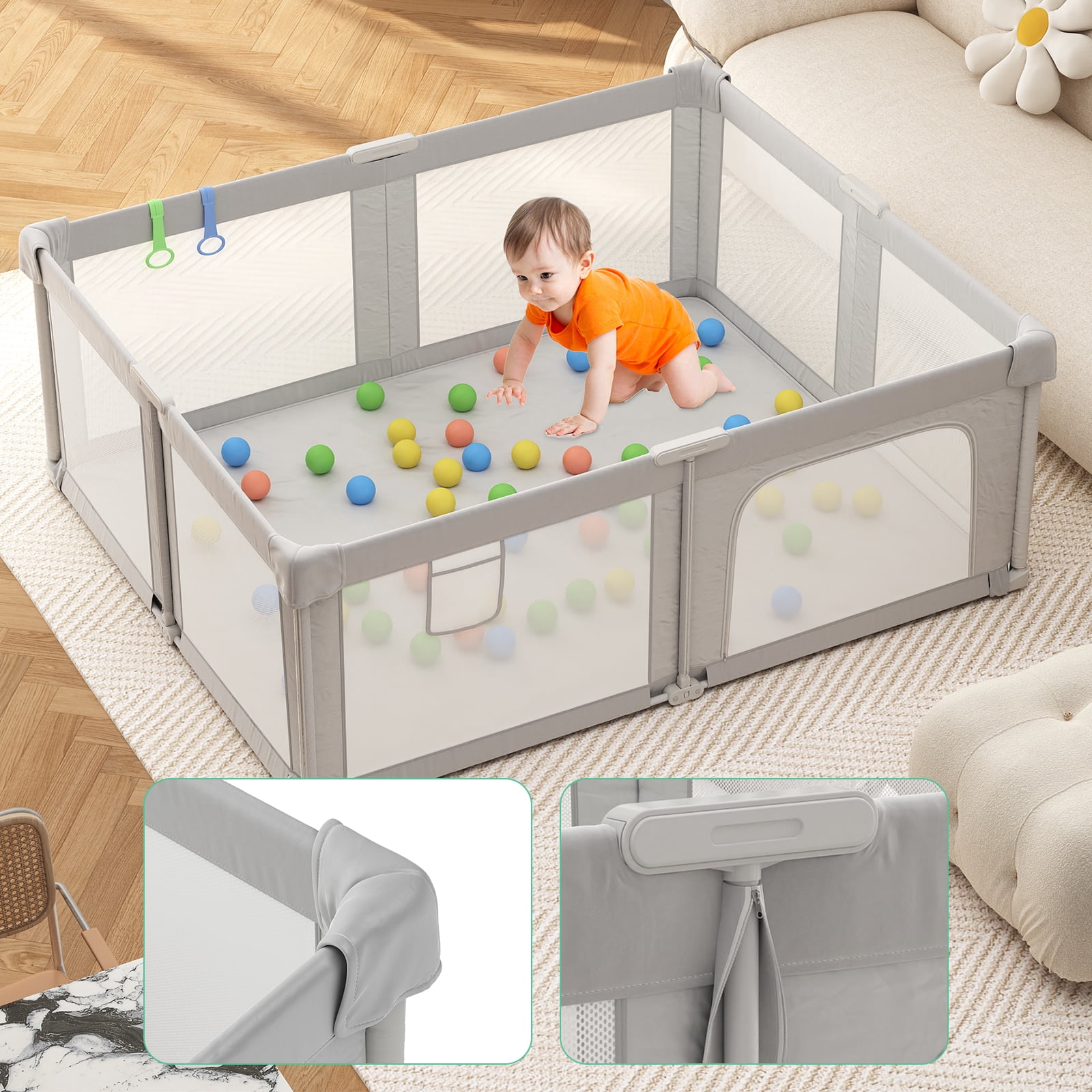73“×61” Baby Playpen with Mat, Extra Large Baby PlayYards,Child Play Yard with Breathable Mesh for Indoor&Outdoor, Light Gray