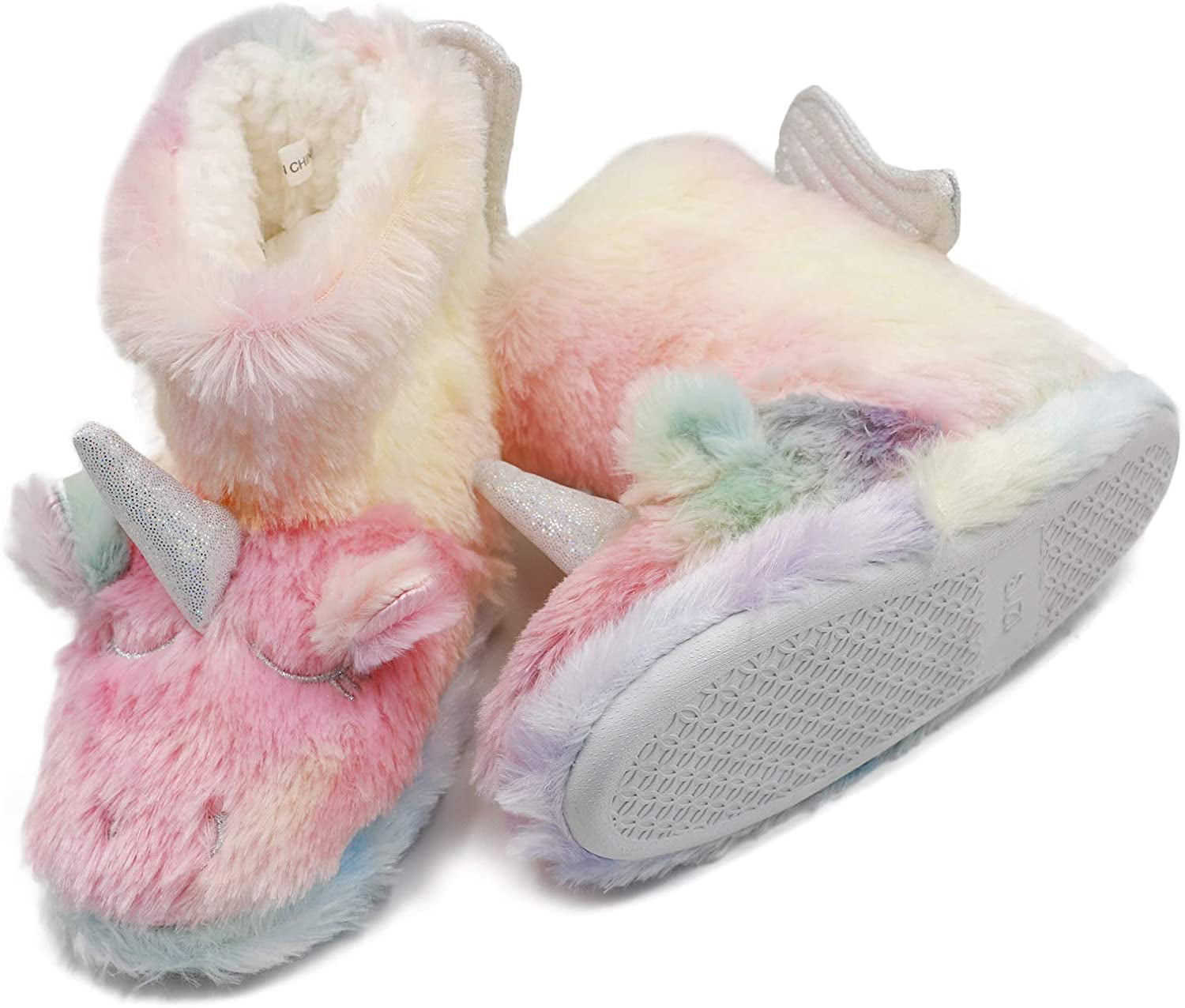Boy Girls Unicorn Rainbow Slippers Winter Warm Plush Fleece Colorful Slip-on