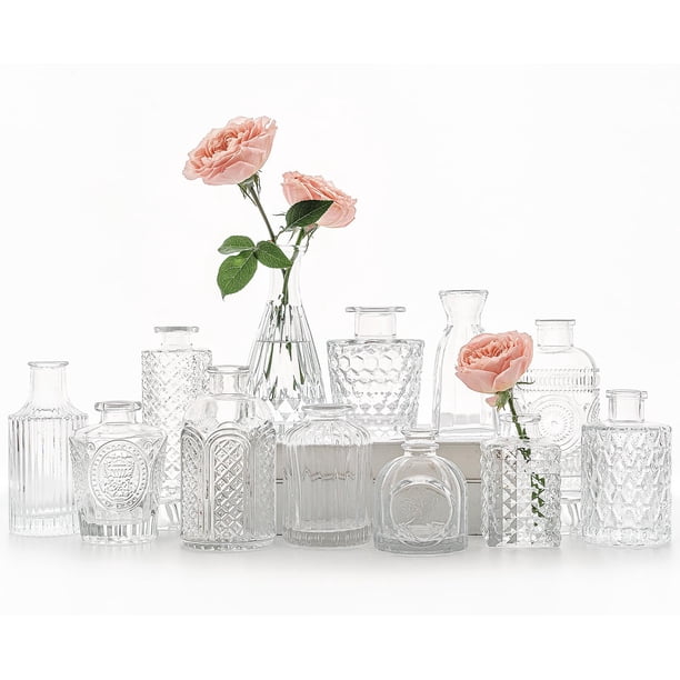 SUPMIND Juego de 12 floreros de cristal pequeños floreros transparentes para centros de mesa a granel mini florero vintage para decoración de mesa de boda y hogar