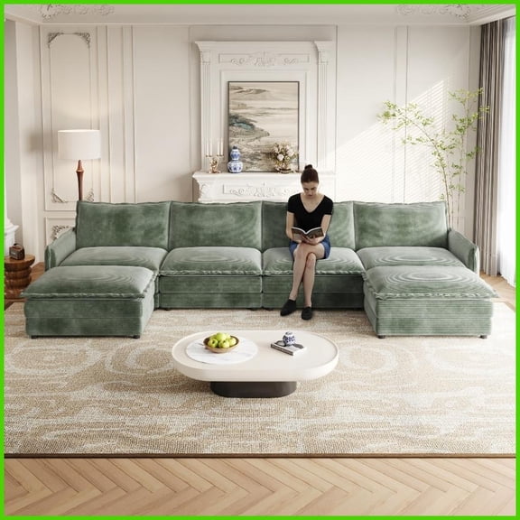 Corduroy 4-Seater U-Shaped Sofa with 2 Movable Footrests – Plush Deep Seat Couch for Living Room, Solid Wood Frame