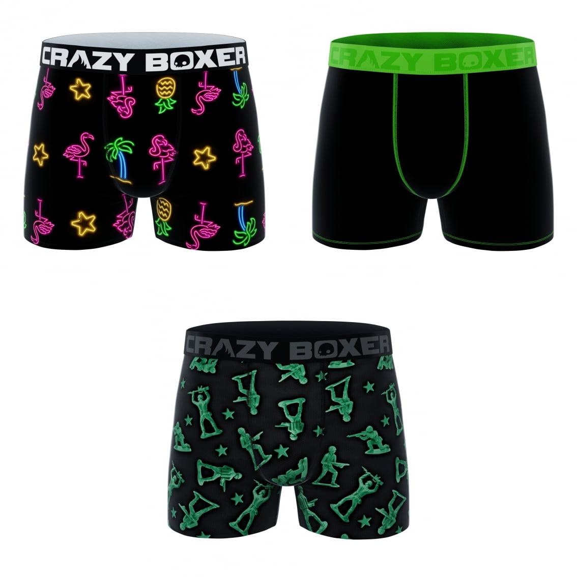 CRAZYBOXER Premium Army And Flamingo; Men's Boxer Briefs, 3 Pack