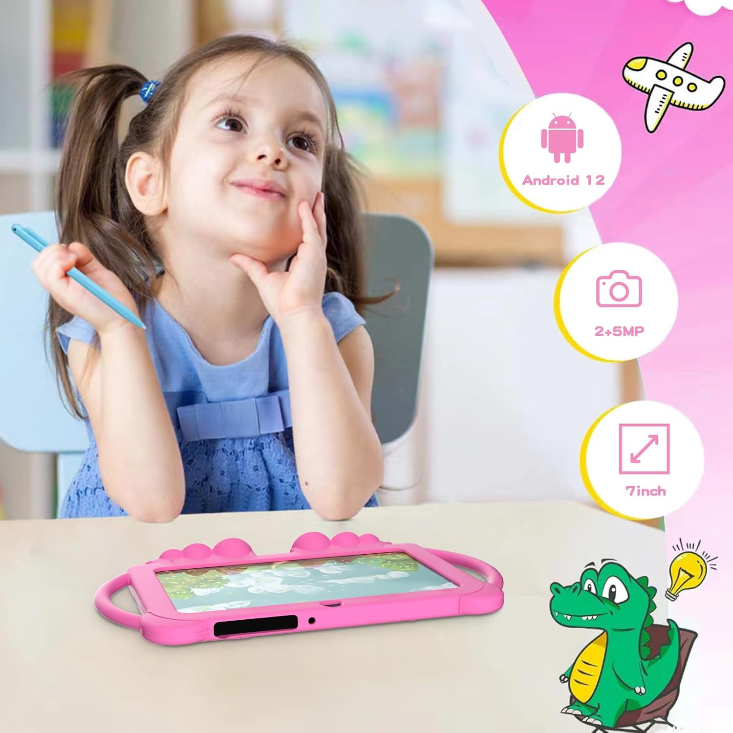 Kids Tablet 7 inch, Android 12 Tablet for Kids, 4GB RAM 32GB ROM, 512GB Expandsion, with Parental Control, Google Certified Toddler Tablet, WiFi, Bluetooth, Dual Camera with Silicone Case