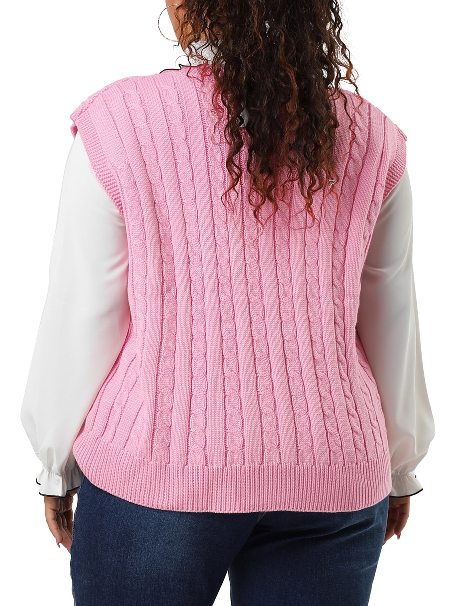 Unique Bargains Women's Plus Size V Neck Cable Knit Sweaters Tank Tops 4X Pink