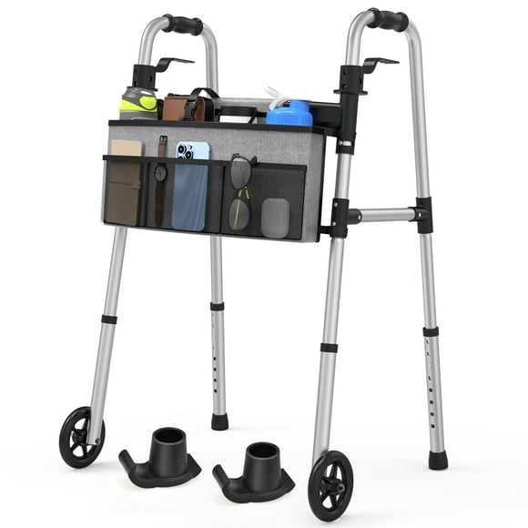 Andador Loyoda para personas mayores, ligero, compacto, plegable, con cesta y 2 esquís, altura ajustable, soporta hasta 169 kg, apto para FSA/HSA, color negro (andador con cesta)