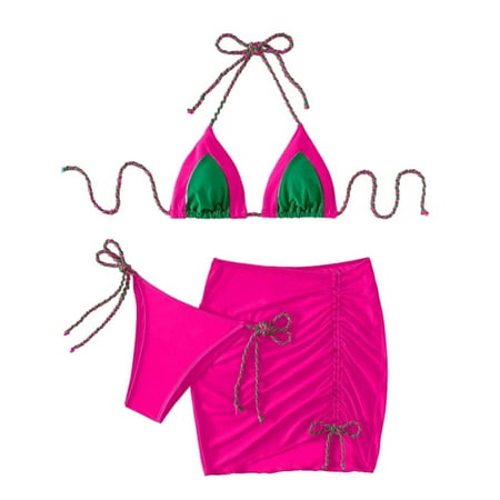 Xiangyun String Bikini Women Bikini Set String Bikini Swimsuit for Women s Three High Waisted Bikini Sets Sporty Skirt Swimsuit High Cut Bathing Suits Thong Bikini Hot Pink XL