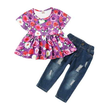 

Kucnuzki 2T Toddler Girl Summer Outfits Pants Sets 3T Short Sleeve Sweet Floral Prints Ruffles Peplum Tops Elastic Ripped Denim Pants 2PCS Set Purple