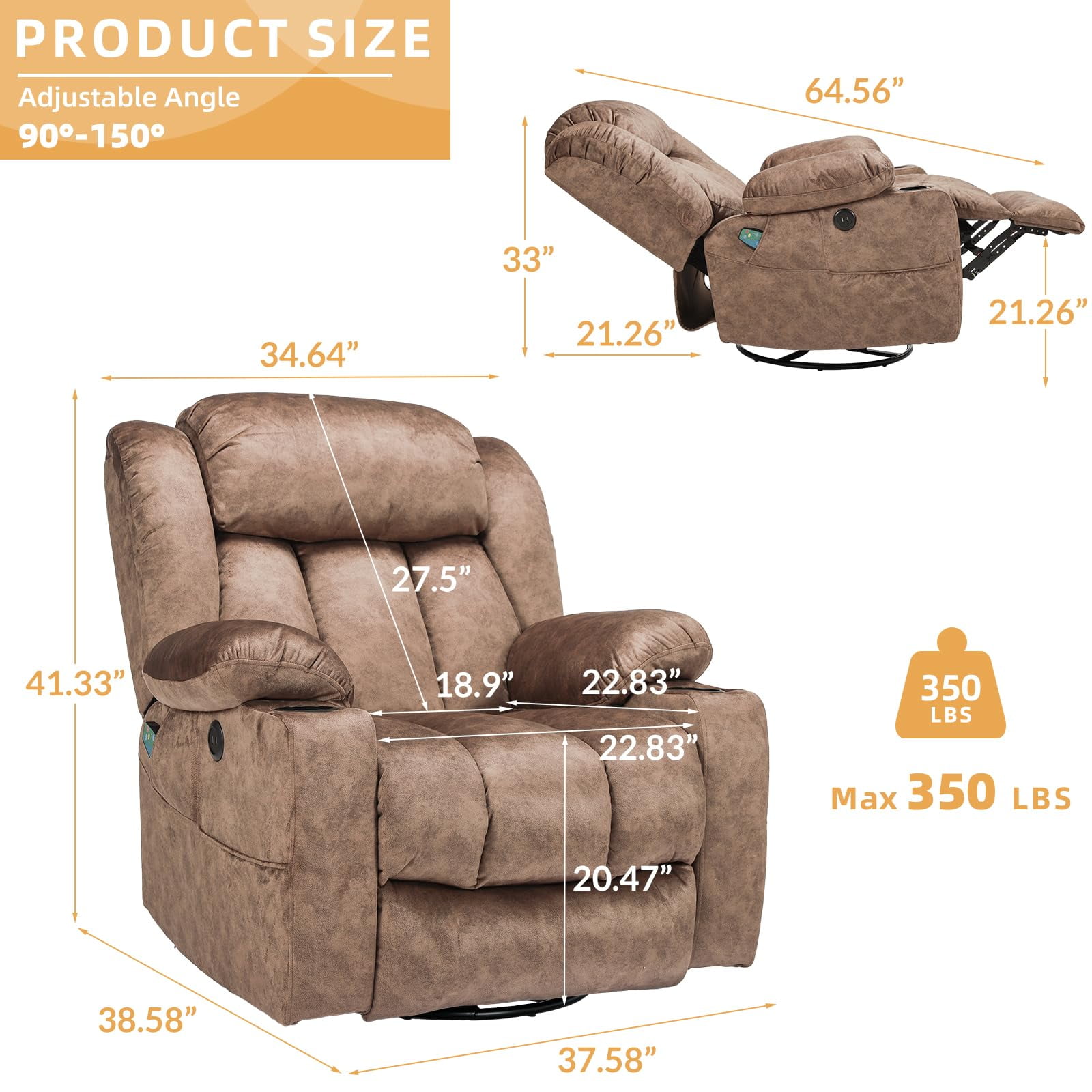 360° Swivel Glider Rocking Recliner Chair, Overstuffed Manual Massage Recliner with Heat and Vibration, Single Modern Sofa Home Seating for Living Room, Cup Holders/USB Ports (Plush-Brown)