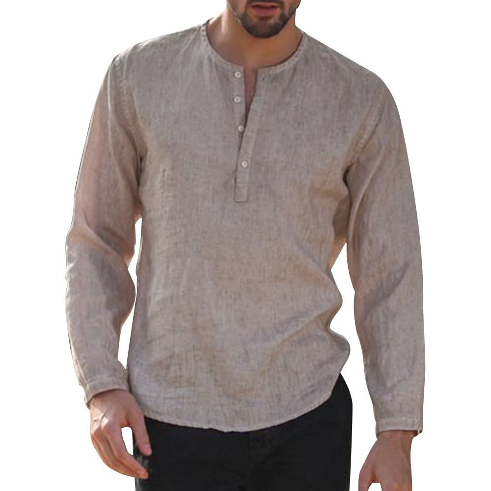 Incerun - Men's Linen Long Sleeve V Neck Shirt Collarless Button Tops ...