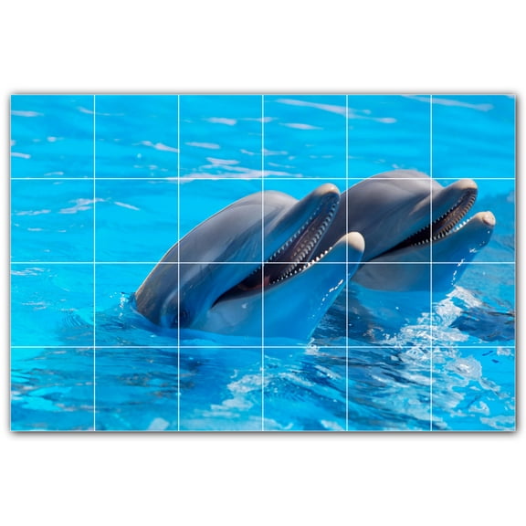 Picture-Tiles.com: Dolphin Ceramic Tile Wall Mural WAL500518-64L. 48"W x 32"H using (24) 8" x 8" Ceramic Tiles-Satin Finish