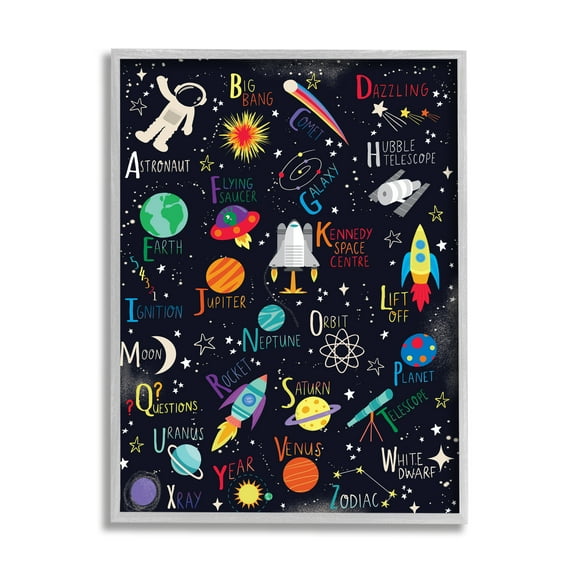 Stupell Industries Outer Space Fun Alphabet Kid's ABC Typography Graphic Art Gray Framed Art Print Wall Art, 11x14, by Louise Allen