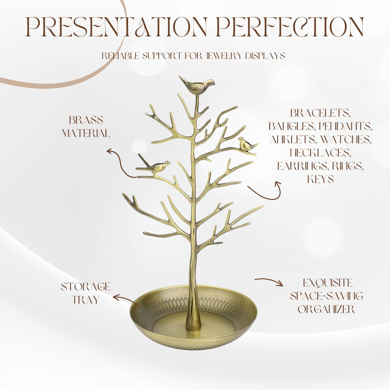 Jewelry Display Stand, Earring Necklace Holder Tree Tower Rack Hanging Organizer - Ideal for Bangles Pendants Anklet (Brass)