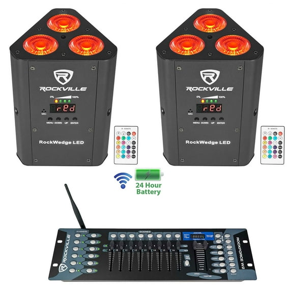 (2) Rockville RockWedge LED Battery Powered Par Lights Wireless DMX Controller