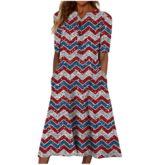 Wycnly Summer Dresses for Women 4th July Fashion Loose Swing Pocket Tunic Independence Day Dresses 2025 Short Sleeve V-Neck Star Striped Print Long Formal Dress Light Blue s