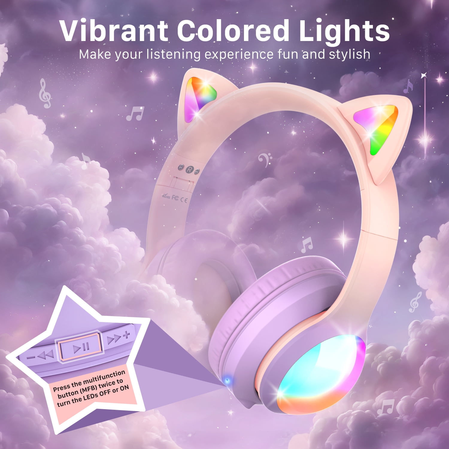 FosPower Kids Bluetooth Headphones with LED Cat Ears (85/94dB Volume Limit & 60H Play Time) Foldable Wireless/Wired Headset with 3.5mm Cable for School/Travel - Light Pink/Light Purple