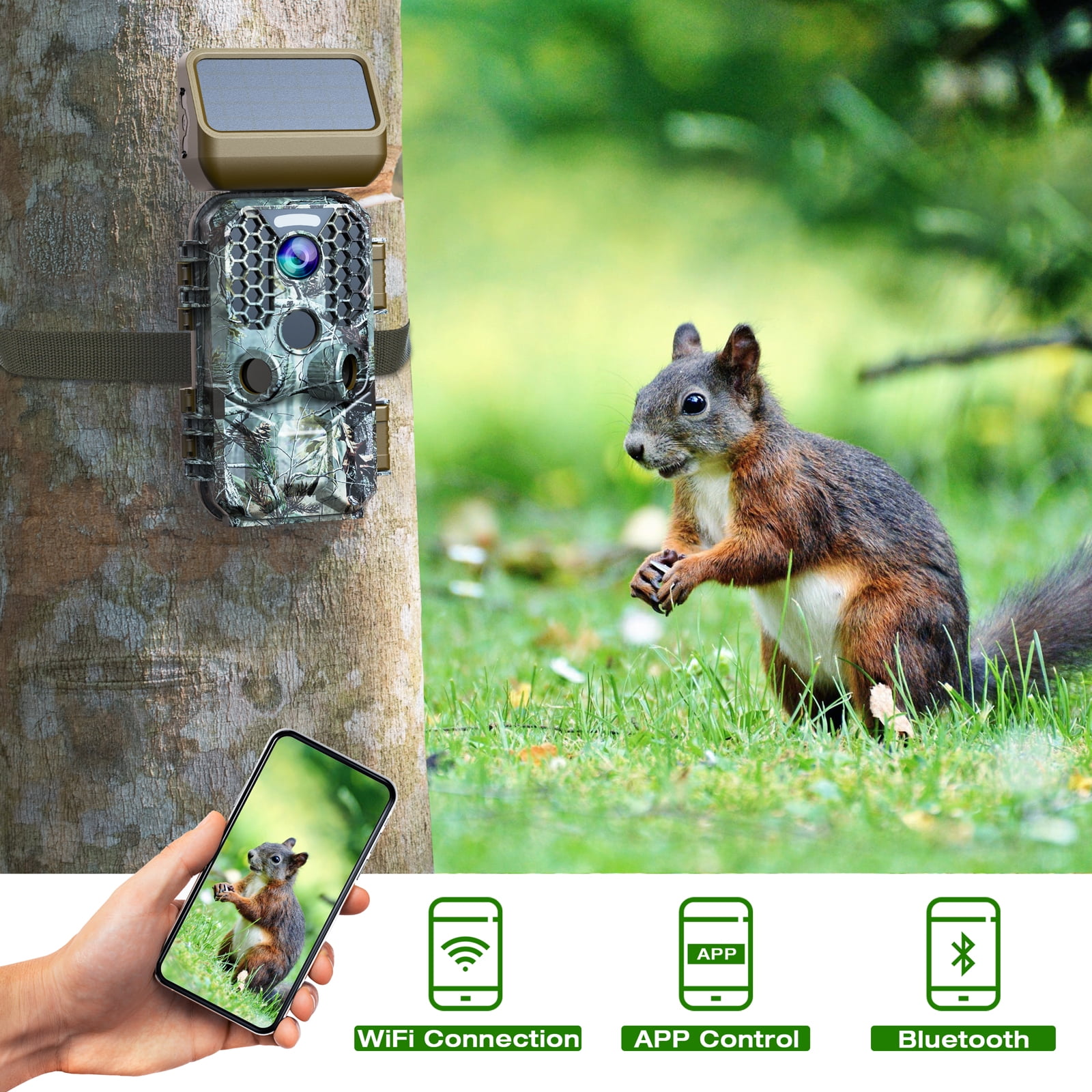 CAMPARK Solar Powered Trail Camera Native 4K 30fps WiFi Bluetooth 30MP Game Camera with Night Vision Waterproof IP66 Motion Activated 120° Wide Angle Hunting Deer Trail Cam for Wildlife Monitoring