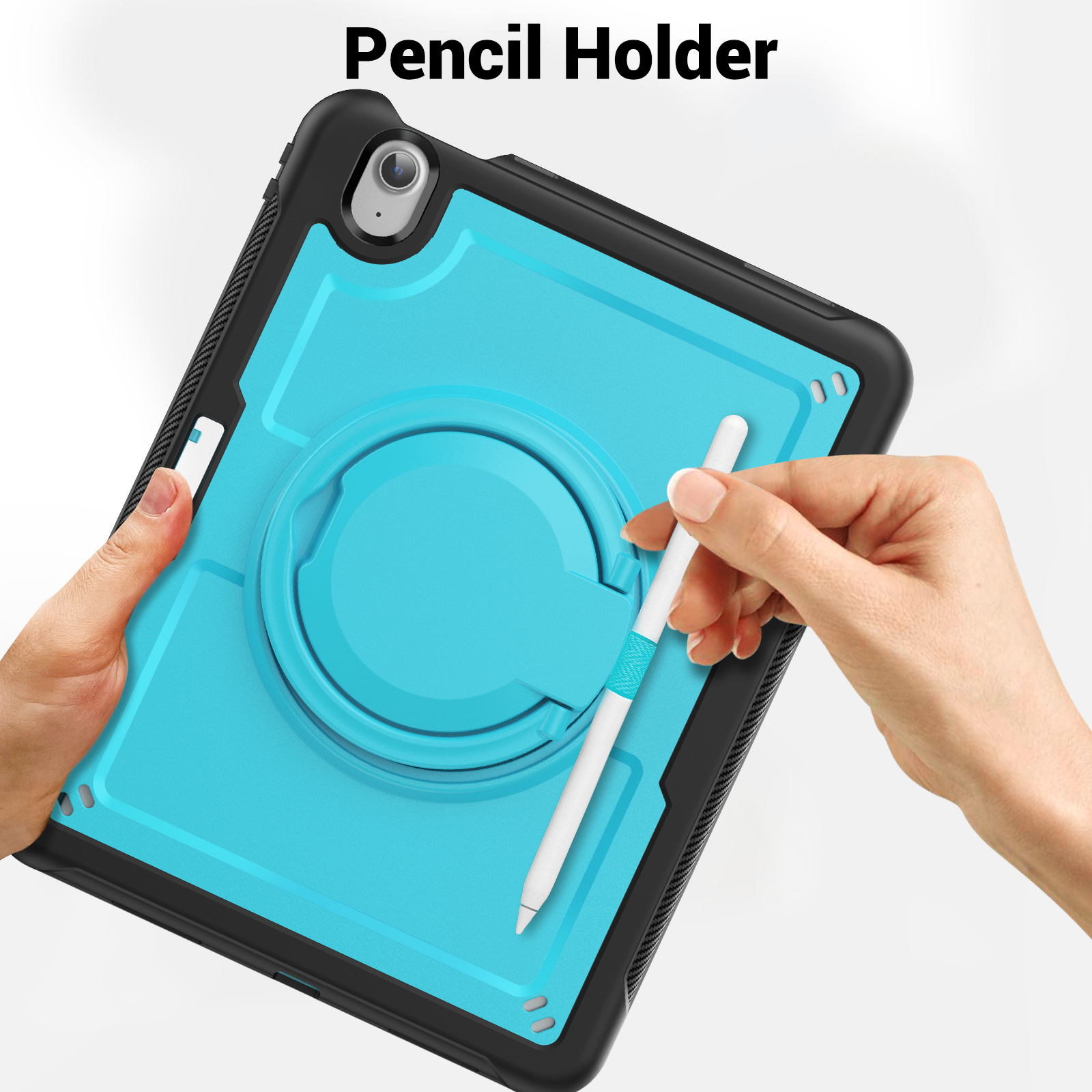 Shockproof Case for Apple iPad Air 11 Inch M3 M2 2025/2024, Rugged Hybrid Protective Cover with Pencil Holder & Shoulder Strap Kids Friendly Rotating Kickstand Case for iPad Air 11 Inch, Lightblue