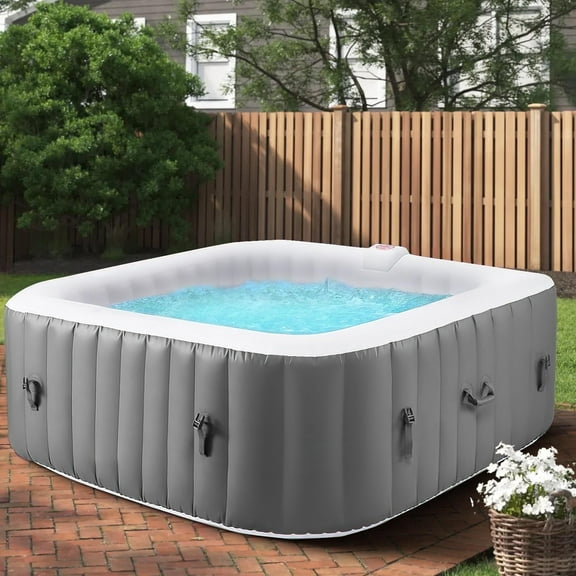 73in Square Hot Tub for 4-6 Person, Seizeen Inflatable Hot Tub Home SPA for Outdoor, 910L Capacity, 130pcs Massage Jets, w/4 Filters, Lockable Cover, Storage Bag, 2 Cup Holder, Gray