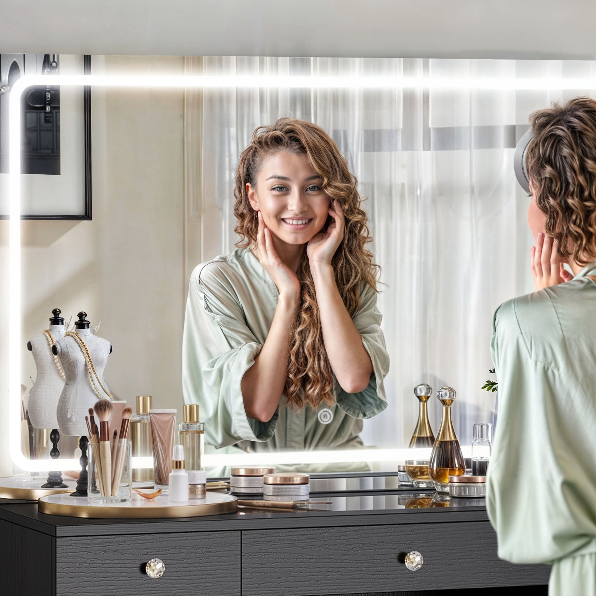 Uforic Makeup Vanity Set with 3 Color Lighted Mirror & Charging Station & Stool, Modern Vanity Desk Dressing Table with 9 Drawers & Magnifying Glass for Bedroom for Women Girls,Black