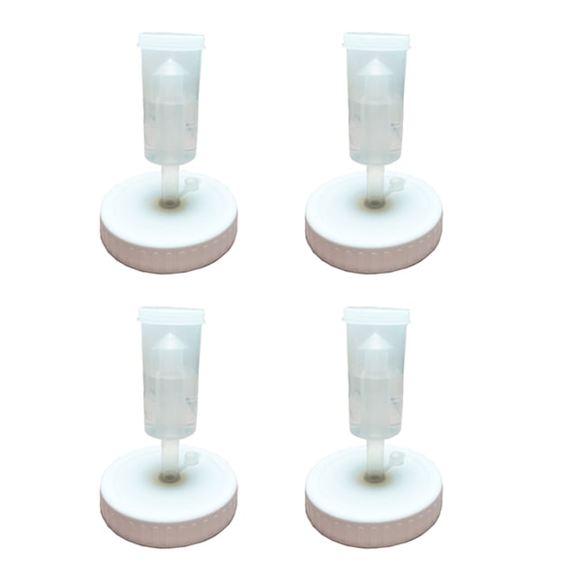 4Pc Mouth Mason Jars Lids Fermenting Lids with Airlocks Fermentation Kit for Making Sauerkraut in Wide Mouth Mason Jars. This set includes four white plastic screw-on lids with silicone gaskets and four airlocks, fitting 86mm wide mouth mason jars. Designed for fermenting foods like sauerkraut, kimchi, and pickles, the lids ensure a tight seal to prevent contamination. Displayed on a plain white background for clarity.