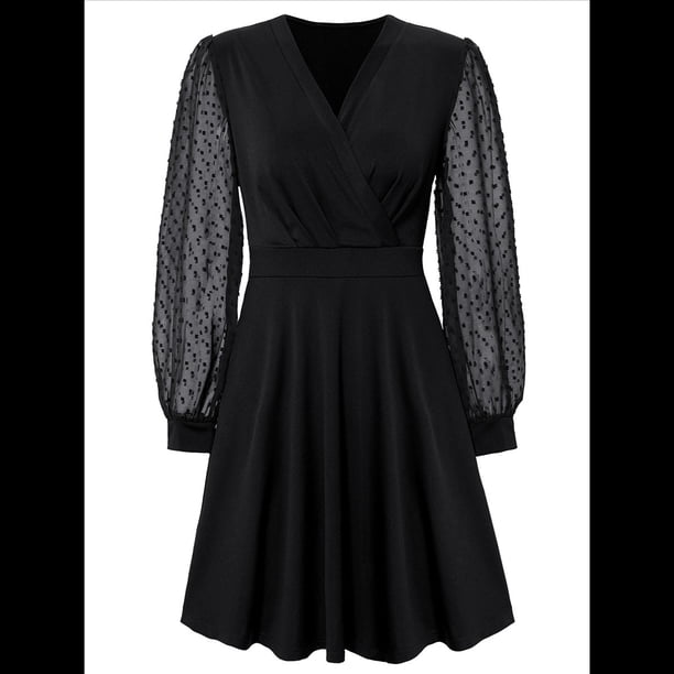 Vestido Corto Fruncido con Escote en V para Mujer, Color Negro, Talla M
