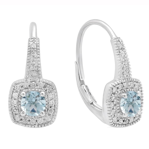 Dazzlingrock Collection Boucles d'Oreilles Pendantes Rondes 10K 4 mm Aigue-Marine & Diamant Blanc Style Halo pour Femmes, Or Blanc