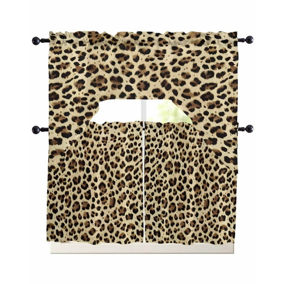 Leopard Printed Kitchen Curtains Sets 36 Inch Length with Valance, Modern Animal Fur Patterns Swag Valances and Tiers Curtain Set Drapes Swag Curtains for Living Room, Bathroom, Bedroom, Cafe
