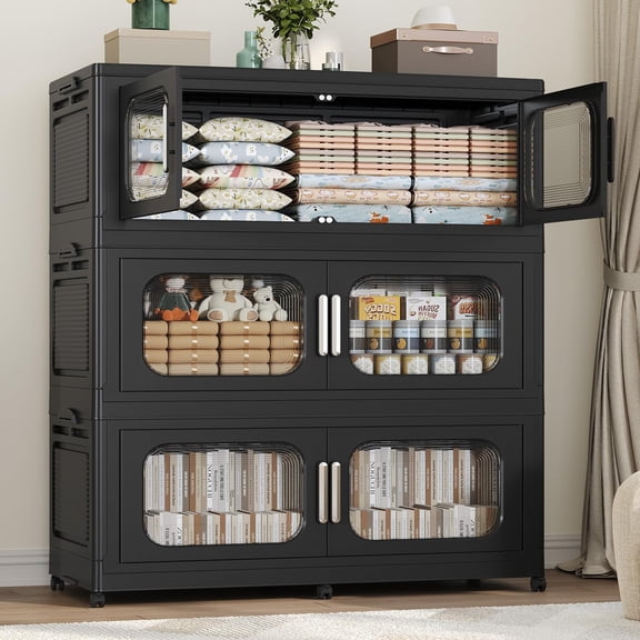 Fangtueh 150 Gallon Extra Large Storage Bin with Lid and Wheels, Stackable Collapsible Plastic Storage Box with Door, Foldable Organizer for Closet, Kitchen, Office, Living Room, 3 Pack Black,3,Black