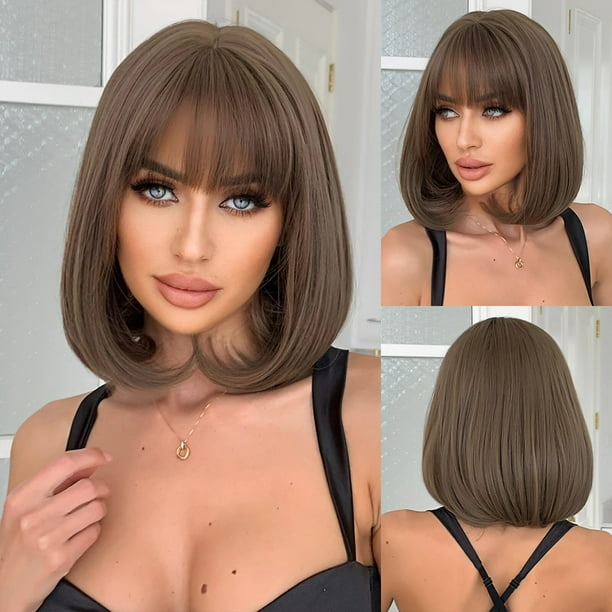 Pelucas sintéticas con flequillo para mujer, pelo Natural liso de Cosplay, color rosa, Rubio, corto, Afro, diario, resistente al calor