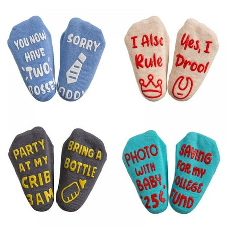 

4 Pairs Gender Neutral Baby Socks Set with Funny Quotes Newborn/Girls/Boys/Infant Socks for Baby Shower Gender Reveal Christmas New Parents – Anti Slip Gift Box Included 0-12 Months