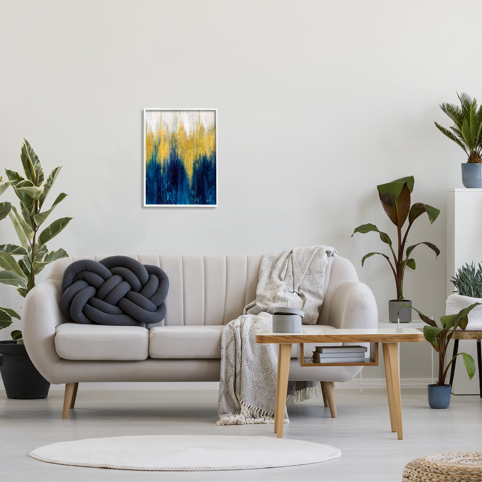 Stupell Industries Blue & Yellow Abstraction Abstract Painting White Framed Art Print Wall Art, 16 x 20